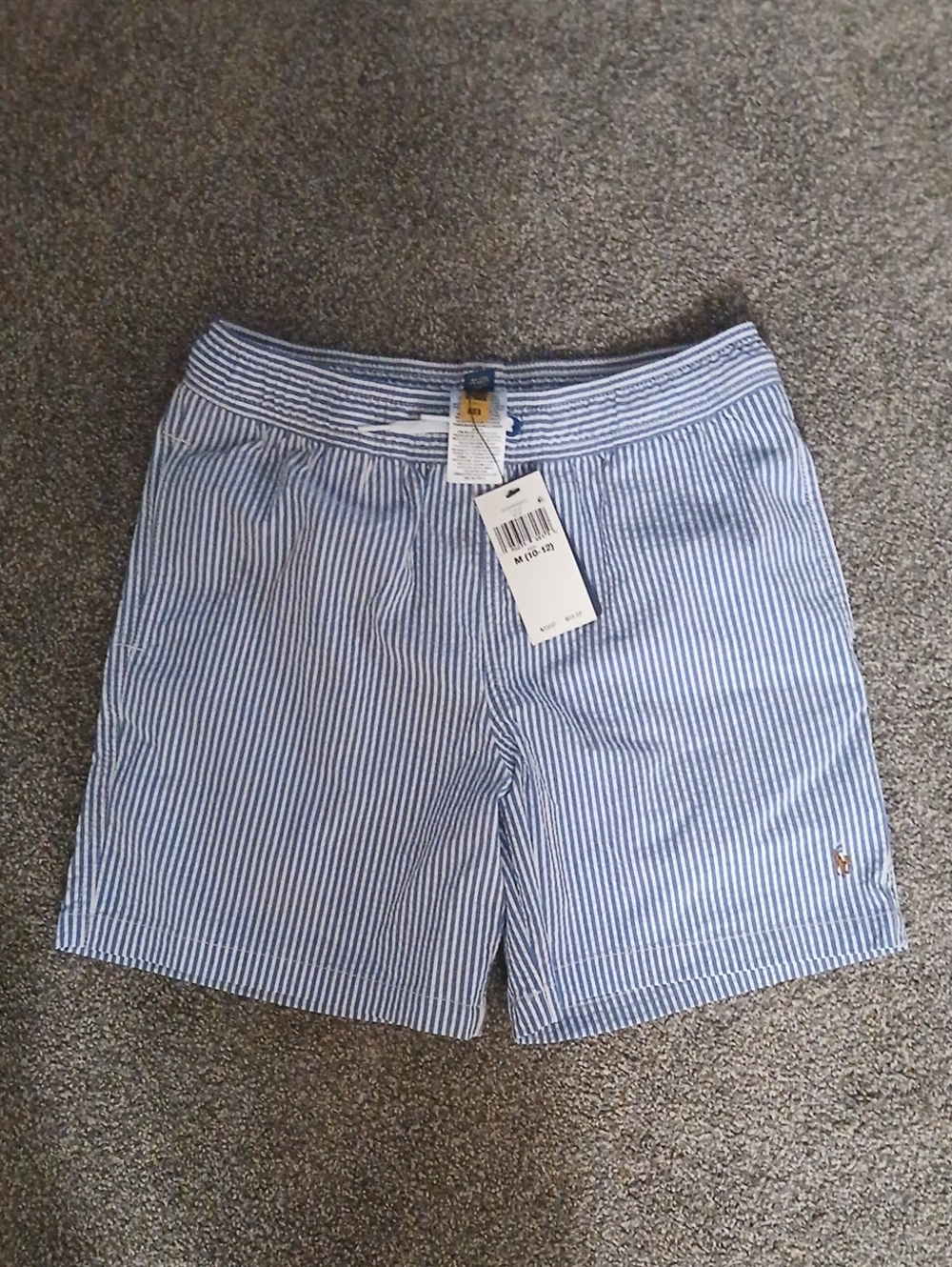 Polo  Ralph Lauren Blue and White Seersucker Stripe Boys Swim Shorts Sz M 10/12